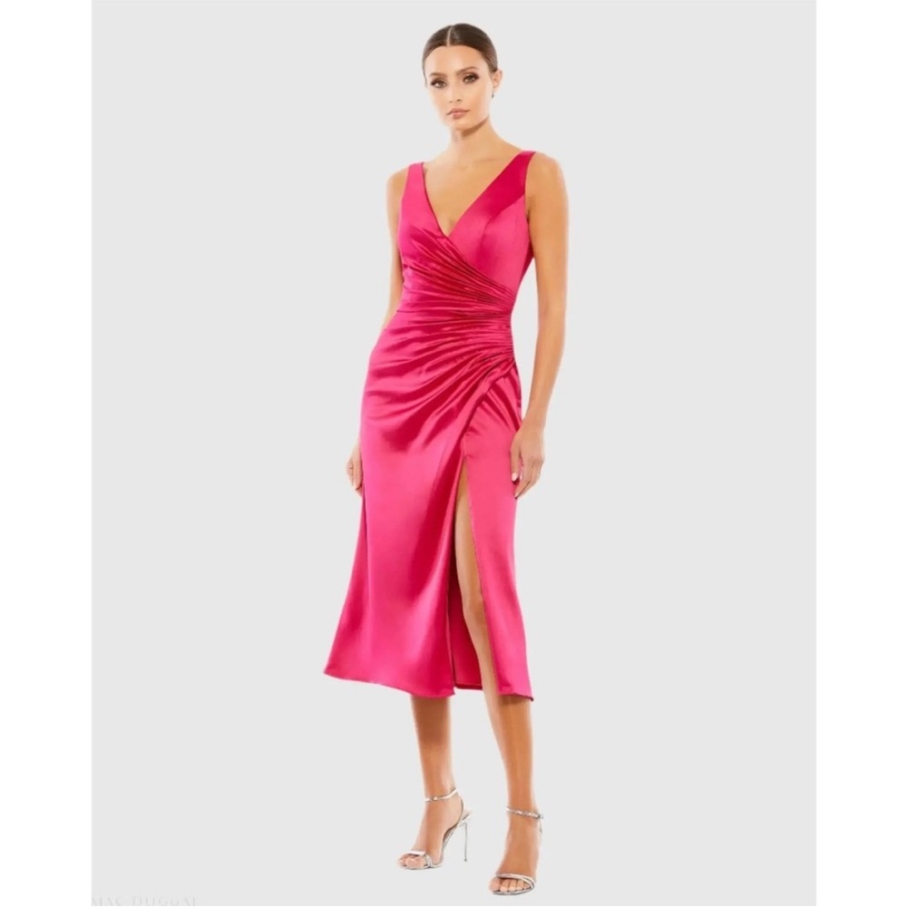 MAC DUGGAL 26625 SATIN RUCHED V-NECK FAUX WRAP LIPSTICK PINK MIDI DRESS sz 4 - Picture 2 of 11